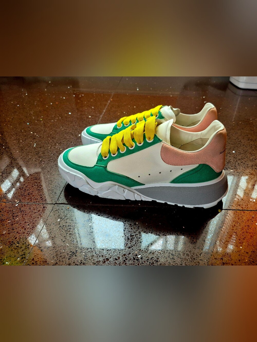Alexander Mqueen Women's Colorblock Green & Pink Sneakers with Yellow Laces